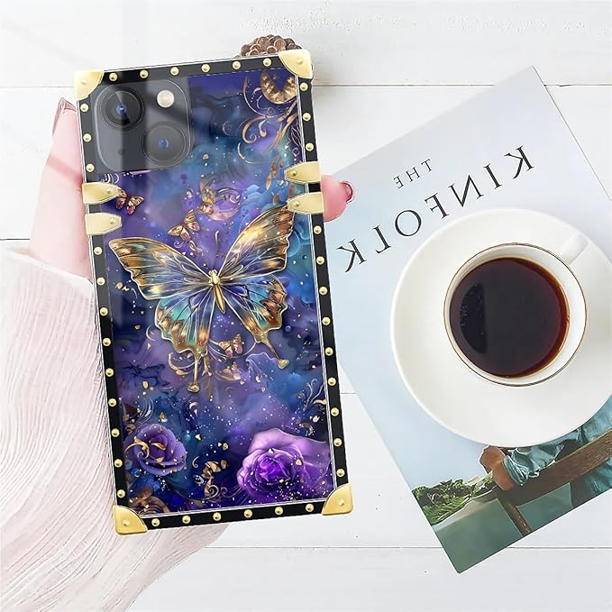 Compatible with iPhone 14 Case, Glistening Golden Butterfly Vibrant Purple Blue - Image 7