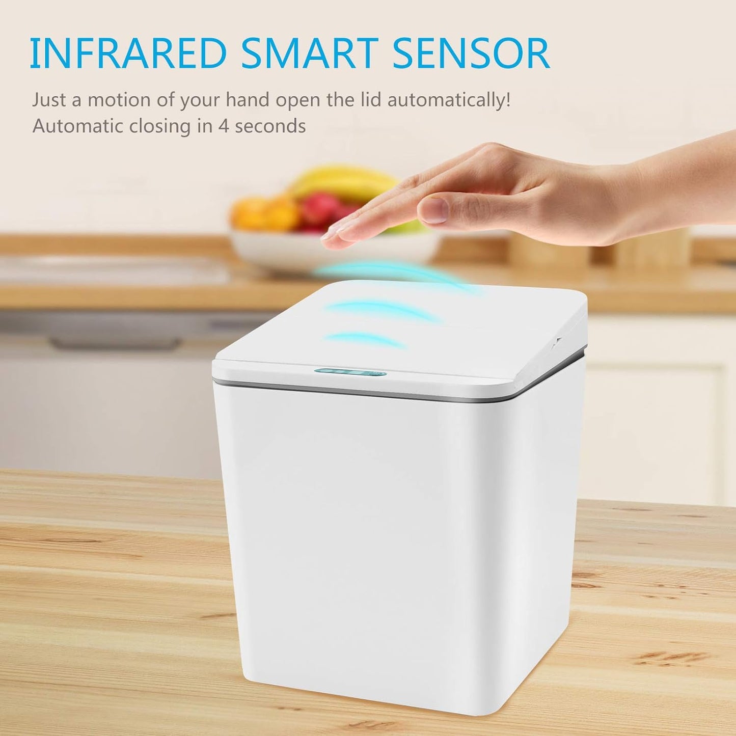 Automatic Small Countertop Trash Can with Lid, 1.5 Gal/6L Toucheless Mini Waste Bin for Office Desk/Bedside Table/Coffee Bar -Batteries, White