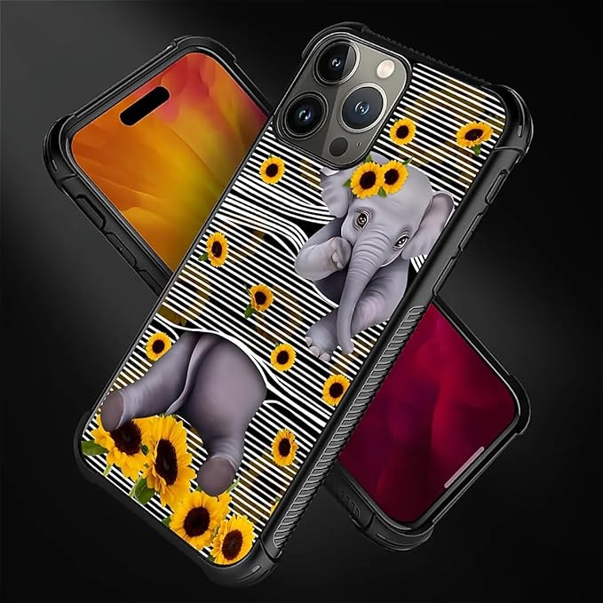 for iPhone 16 Pro Max Case, Cute Little Elephant Sunflower White Line Art - Image 5
