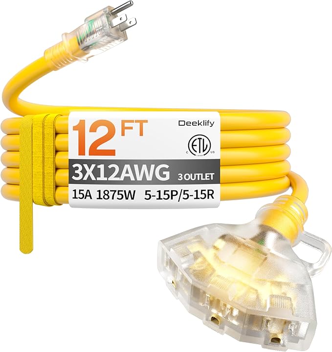 12 ft 12 Gauge Heavy Duty 3 Outlet Extension Cord Splitter by Deeklify