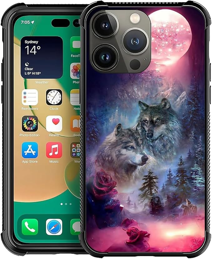 for iPhone 12 Pro Max Case, Star Two Wolfs Howling Pattern Graphic Design Girl by FKBRCL4U