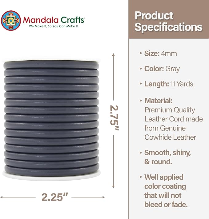 Mandala Crafts Round Cowhide Genuine Gray Leather Cord - Image 4