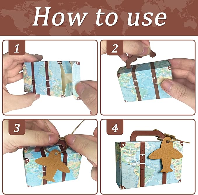 50Pcs Party Favor Candy Box, World Map Mini Suitcase Favor Box, Vintage Kraft - Image 3