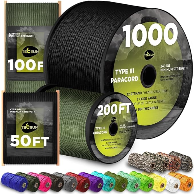 TECEUM Reflective Paracord Rope 1000 – 1000ft/200ft/100ft/50ft – 40+ Colors – by TECEUM