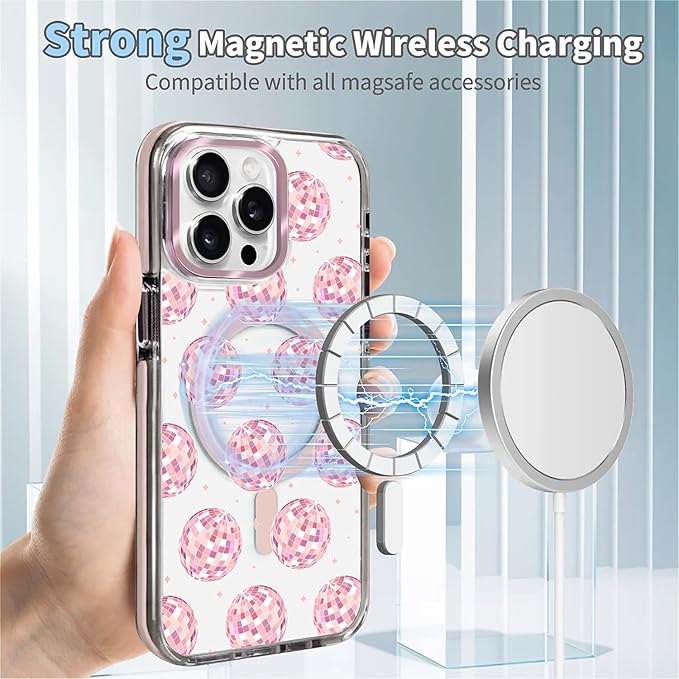 Case for iPhone 15 Pro, Disco Balls Pink Phone Case Design，for Women Girls - Image 4