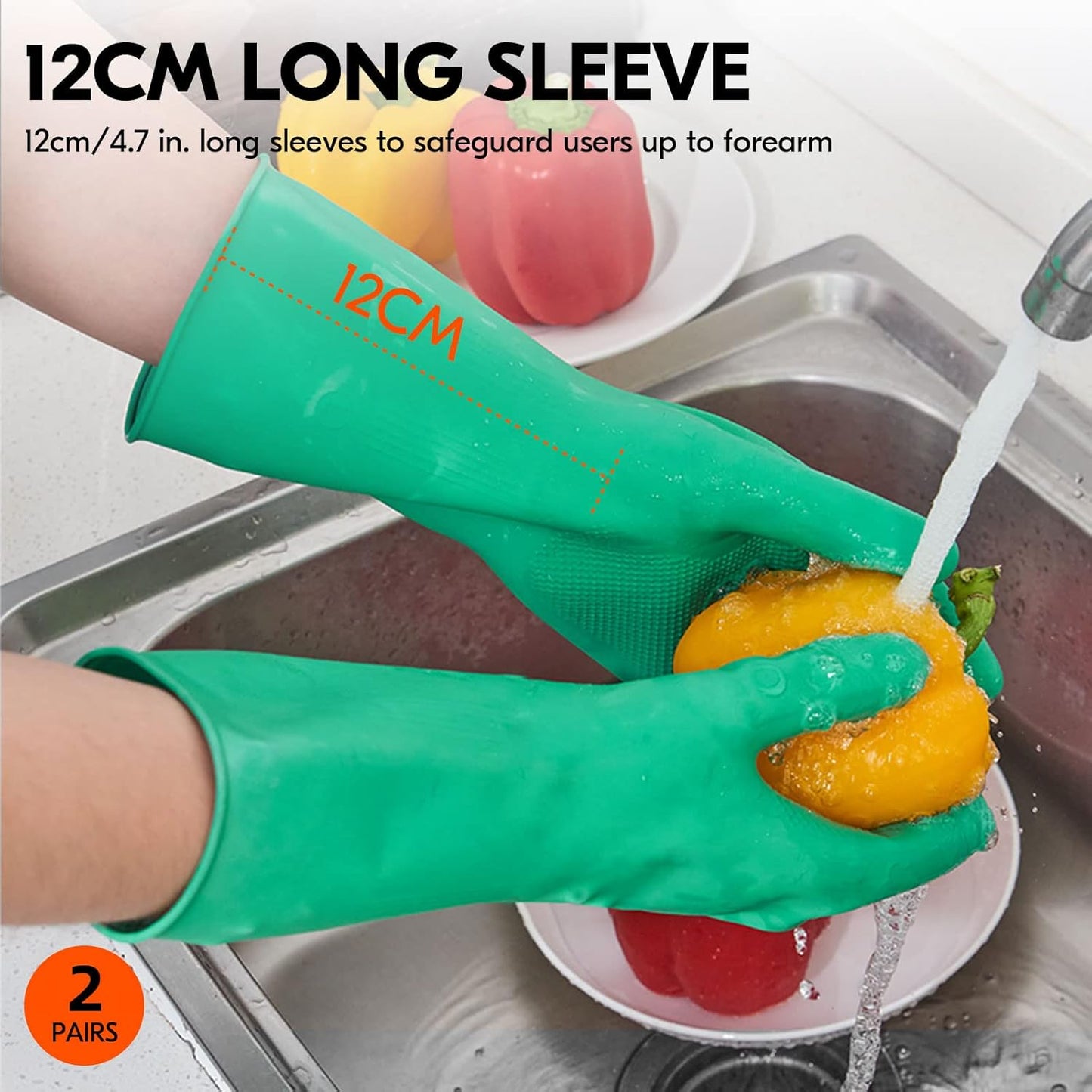 Vgo... 2-Pairs Reusable Household Gloves, Rubber Dishwashing gloves, Extra Thickness, Long Sleeves, Kitchen Cleaning, Working, Painting, Gardening, Pet Care (Size S, Green, HH4601)