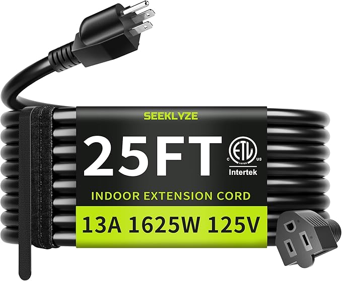 16/3 Black 25 FT Extension Cord, Indoor Extension Cord by Seeklyze