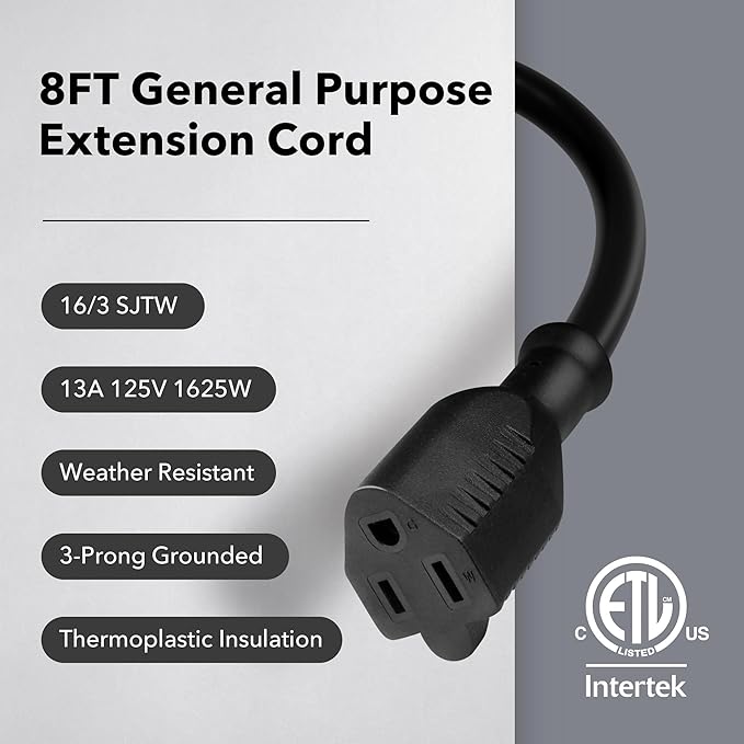 BN-LINK 8 ft Indoor/Outdoor Extension Cord 16/3 SJTW, Water & Weather Resistant - Image 2