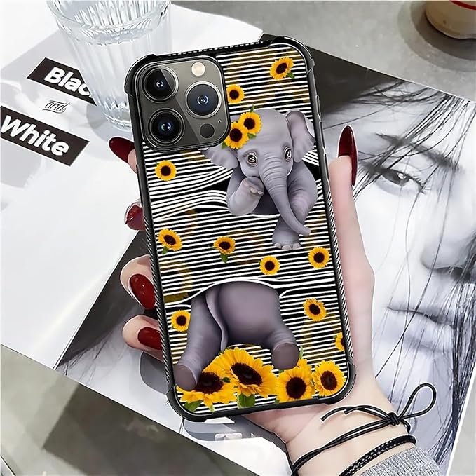 for iPhone 16 Pro Case, Cute Little Elephant Sunflower White Line Art Pattern - Image 7