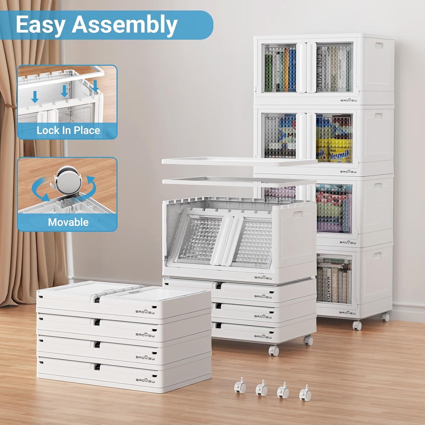 BROVIEW 160Gal Stackable Storage Bins with Lids & Wheels, 640Qt Plastic Collapsible Closet Organizer and Storage Drawers, Storage Boxes Cabinets for Home, Office, 8 Pack, White