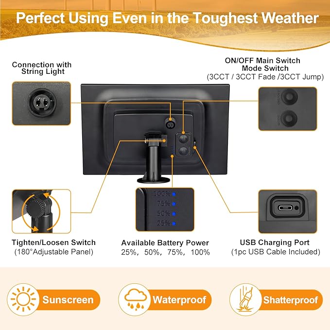 Mlambert 3-Color in 1 Dimmable Solar String Lights Outdoor, 48FT Patio String - Image 5