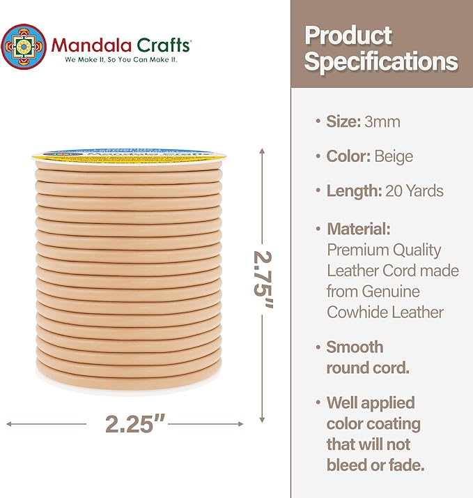Mandala Crafts Round Genuine Beige Leather Cord - Image 4
