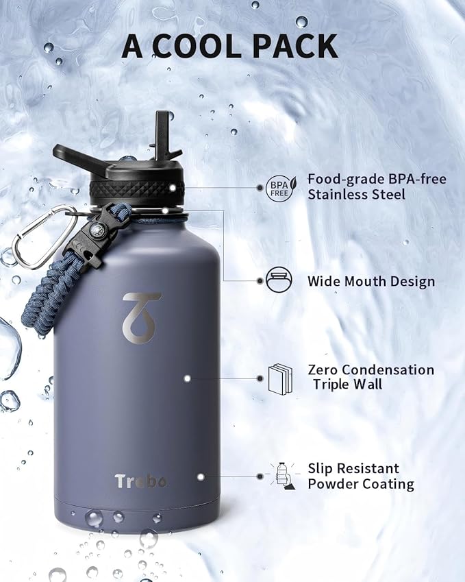 Trebo Water Bottle 64oz with Paracord Handle, Half Gallon Large Vacuum Triple - Image 6