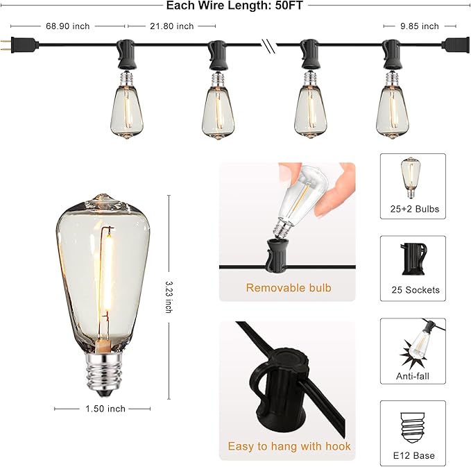 DAMAING Outdoor String Lights 50 FT Waterproof Patio Light String Lights - Image 6