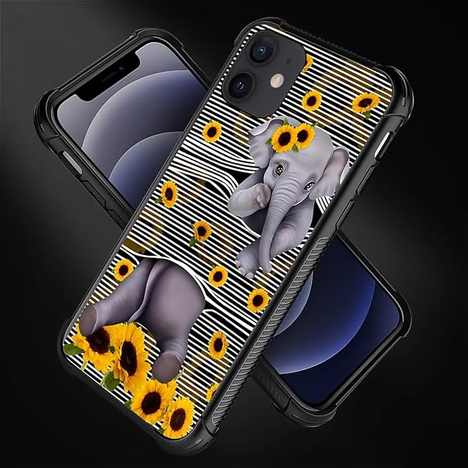 for iPhone 11 Case, Cute Little Elephant Sunflower White Line Art Pattern - Image 3