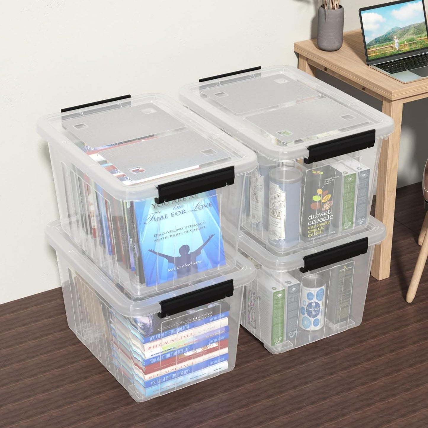 30 Quart Plastic Clear Storage Bin with Wheels, Plastic Latching Bins with Lids, 4 Packs