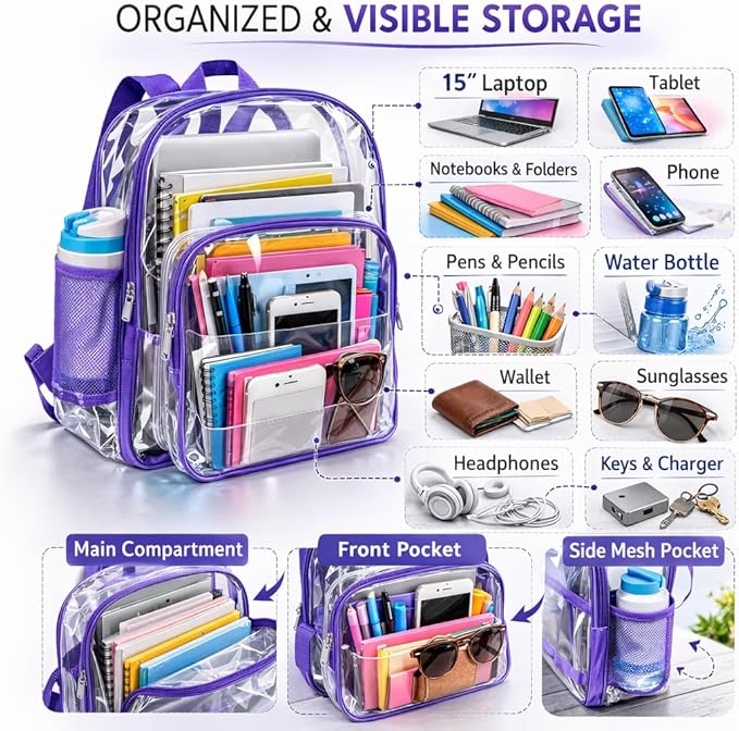 K-Cliffs Large Transparent Backpack Clear Heavy Duty School Bag Durable Student - Image 7