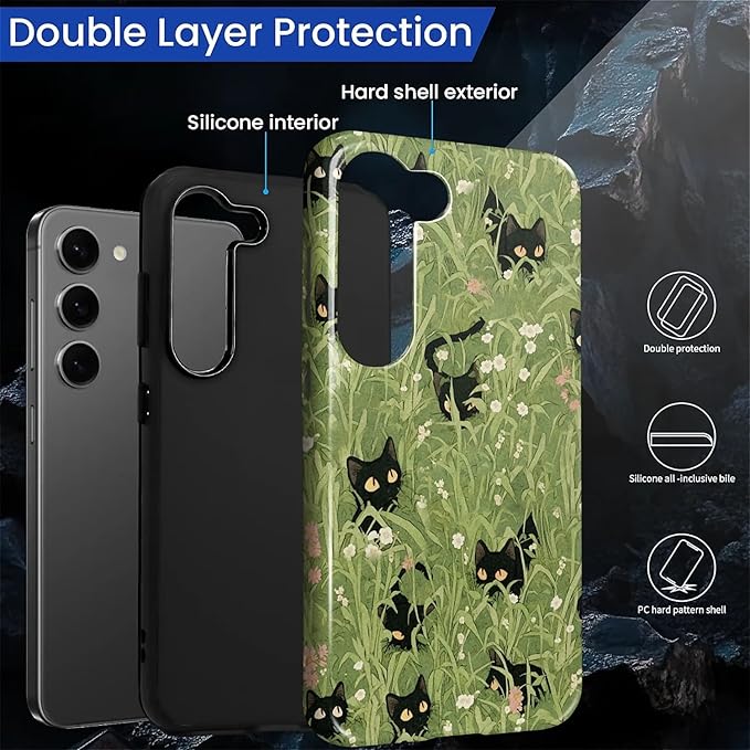 for Samsung Galaxy S23 Case, HL2 Grass Cat Hybrid 2 Layer Hard Shell Silicone - Image 2