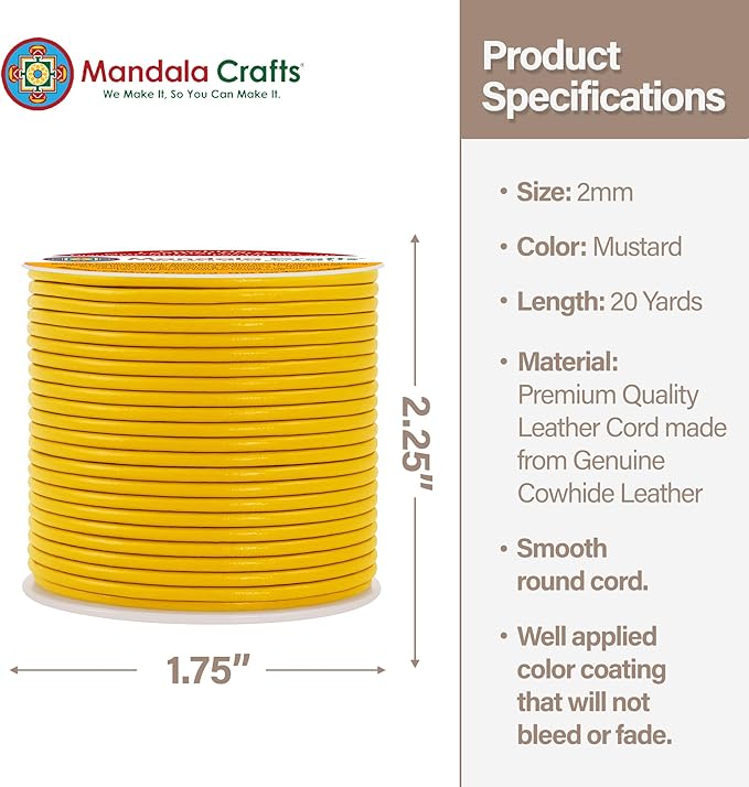 Mandala Crafts Round Genuine Mustard Yellow Leather Cord - Image 4
