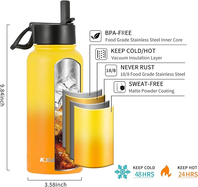 KXIAOCHEN Insulated Water Bottle, Stainless Steel Water Bottle, 2 Lids - Image 5