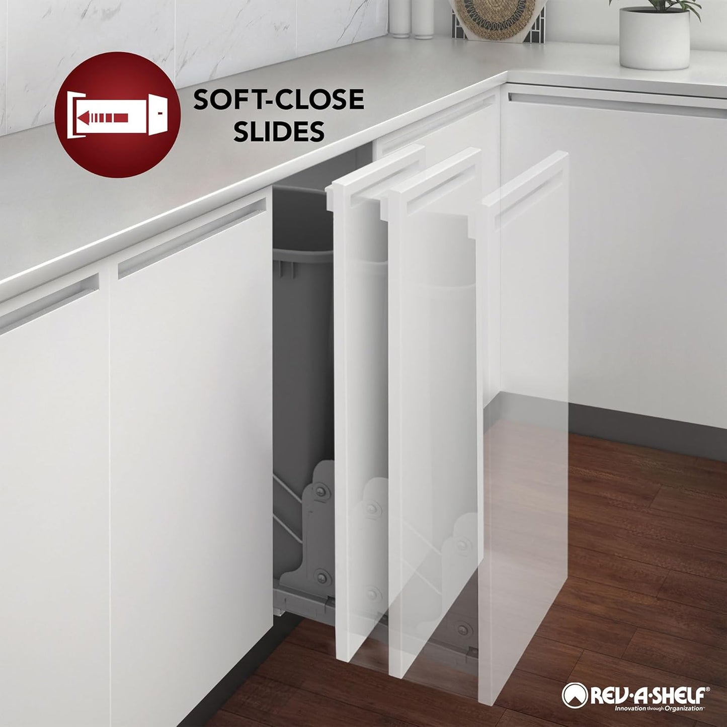 Rev-A-Shelf Double Pullout Trash Can for Base Kitchen Cabinets 27 Quart 12.5 Gallon with Soft-Close Slides, Metallic Silver, 53WC-1527SCDM-217