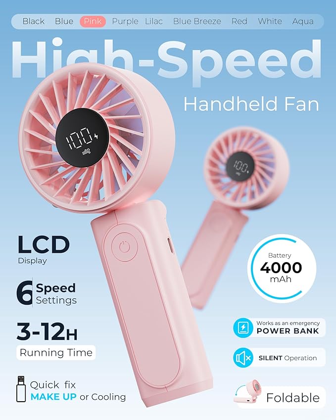 Peiyuu Handheld Portable Fan, 4000mAh USB Rechargeable Personal Fan, 180° - Image 2