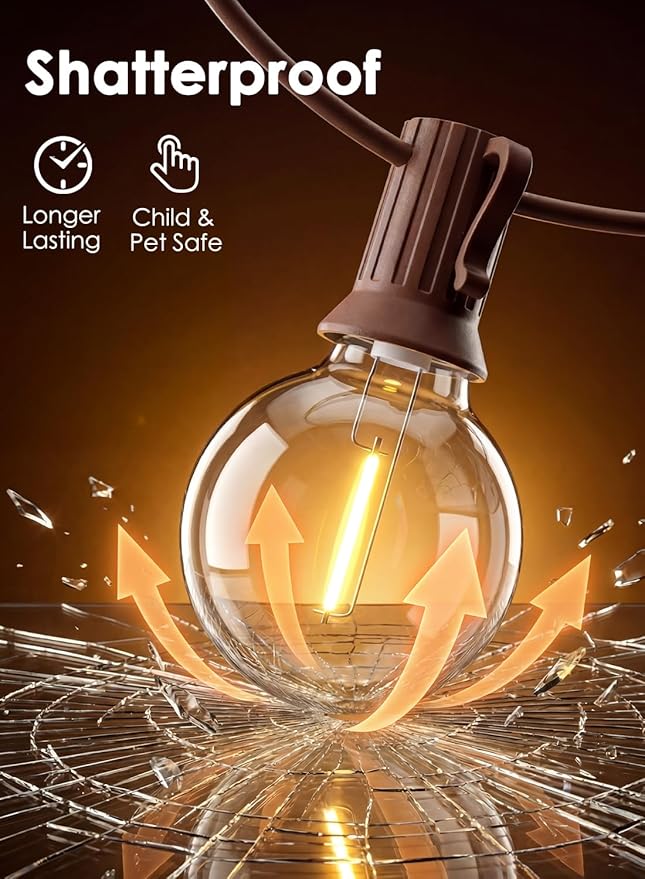 SUNSGNE 25FT Brown Outdoor String Lights, Shatterproof LED Globe String Lights - Image 3