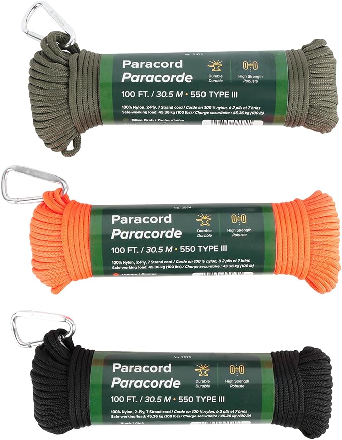 Coghlan’s Paracord 100 ft – Type III 550 Nylon Cord, 7-Strand Core, 550 lb by Coghlans