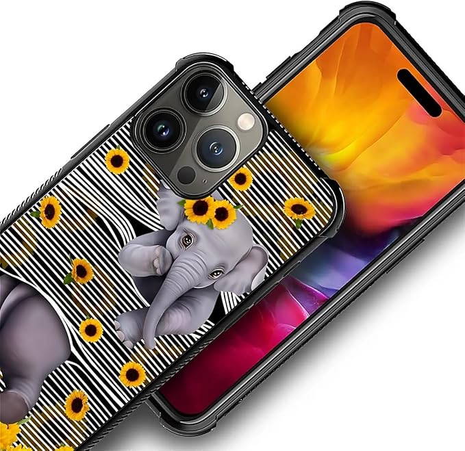 for iPhone 16 Pro Case, Cute Little Elephant Sunflower White Line Art Pattern - Image 4
