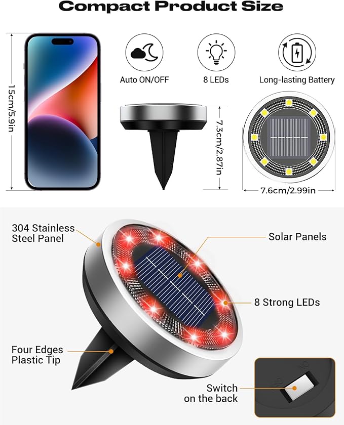 btfarm 16 Pack Solar Lights Outdoor, 8 LED Solar Ground Lights IP65 Waterproof - Image 6