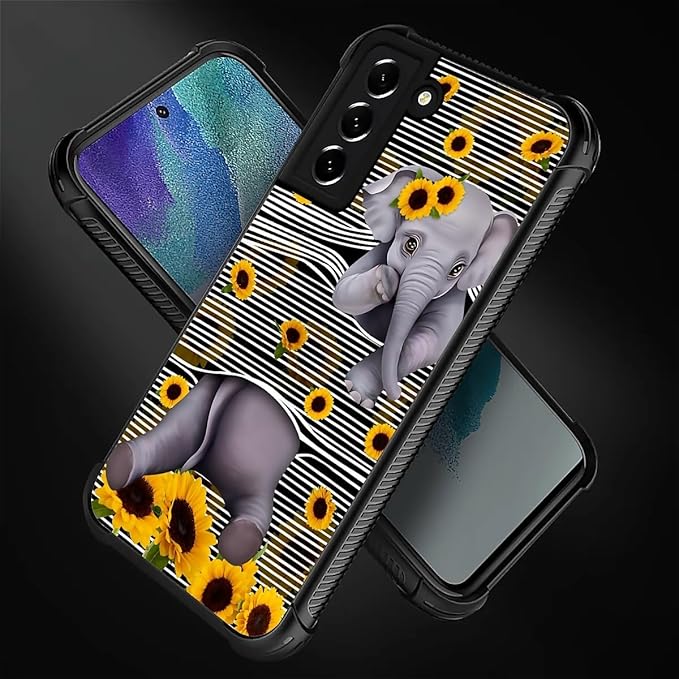 for Samsung Galaxy S21 Case, Cute Little Elephant Sunflower White Line Art - Image 2