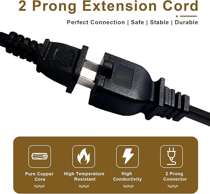 25 FT 2 Prong Extension Cord, 18AWG SPT-2 Indoor Male to Female Power Cord ETL - Image 4