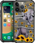 for iPhone 14 Pro Case, Cute Little Elephant Sunflower White Line Art Pattern by FKBRCL4U