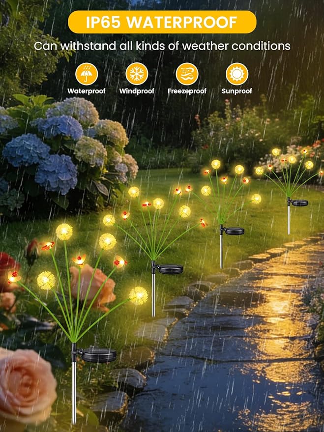 Solar Garden Lights Outdoor, 6 Pack 48 LED, Solar Swaying Dandelion Bee Lights - Image 5