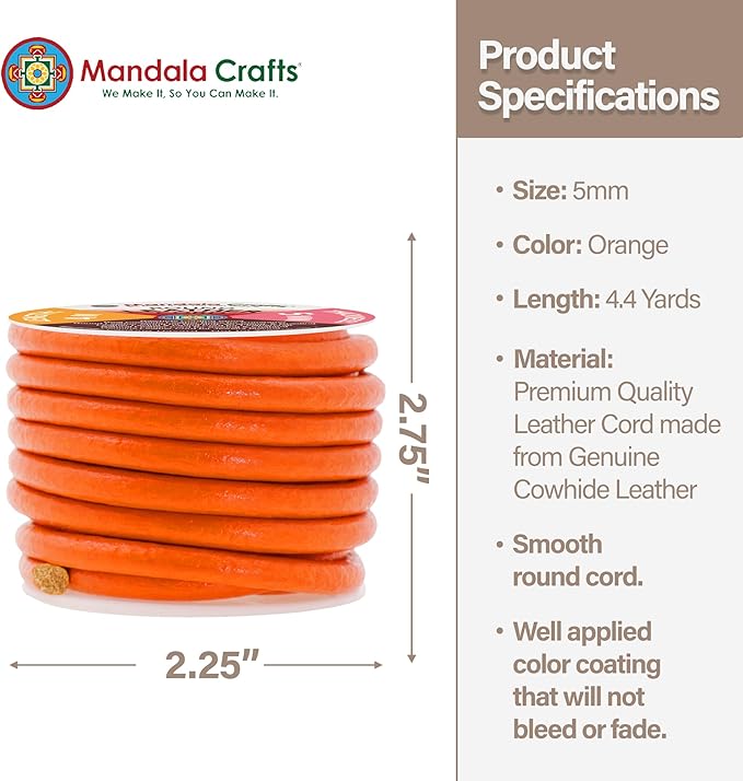 Mandala Crafts Round Genuine Orange Leather Cord - Image 4