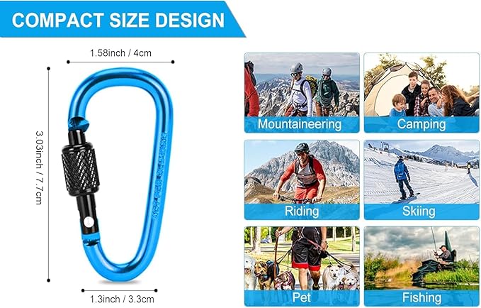10 Pack Aluminum D Ring Key Rings Hiking Clips Locking Carabiner - Image 5