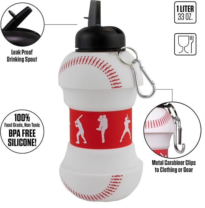 Maccabi Art Clip-On Collapsible 1 Liter, 34 oz. size BPA-Free Silicone Baseball - Image 6