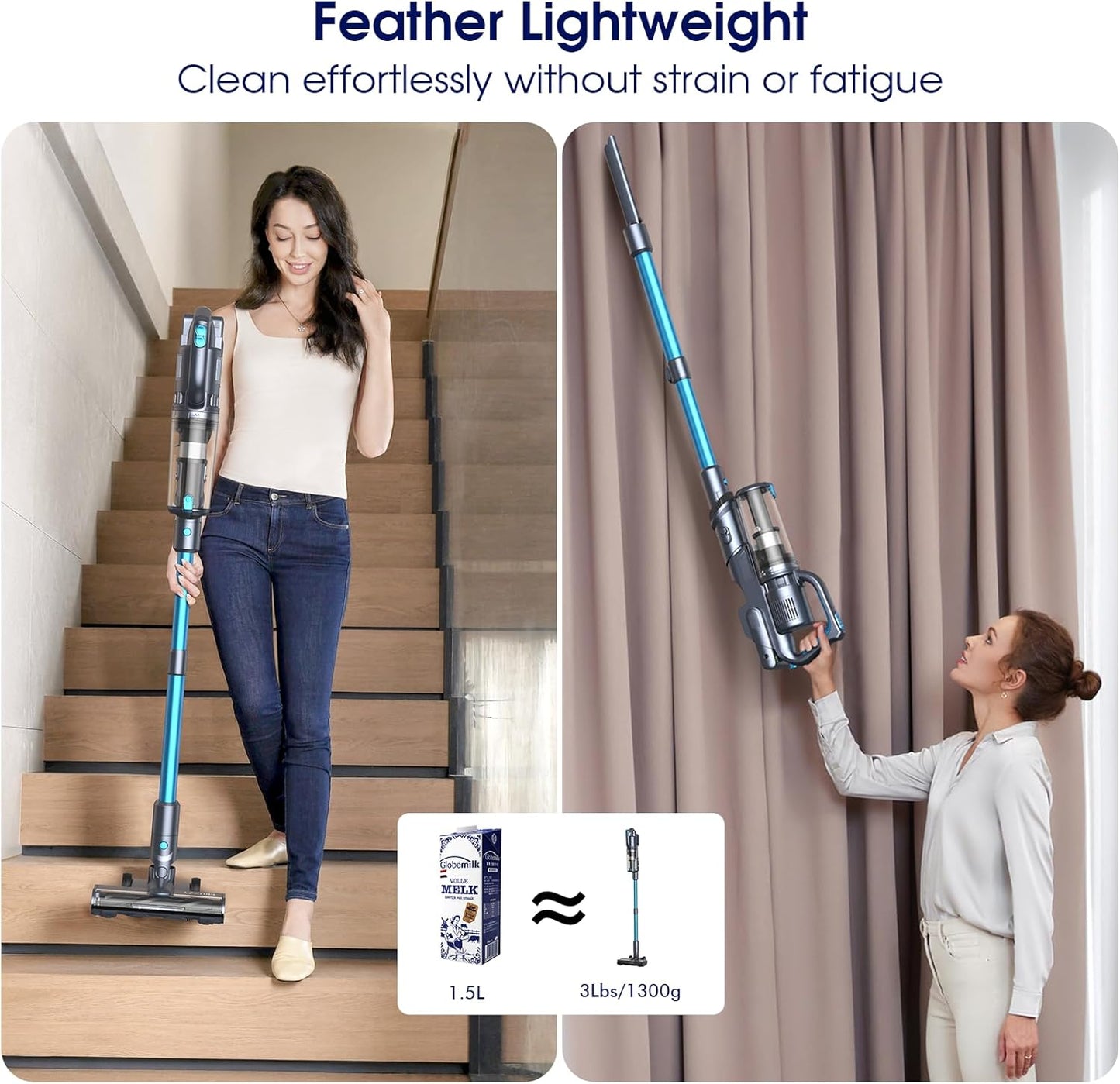 35,000pa Cordless Vacuum Cleaner, Max 50 Minutes, Lightweight Cordless Cleaners for Home, Stick and Handheld Vacuum for Carpets, Hard Floor, Pet Hair, Cars (Blue)