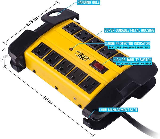 CRST Heavy Duty Surge Protector Power Strip 10-Outlet Metal Industrial Power - Image 5