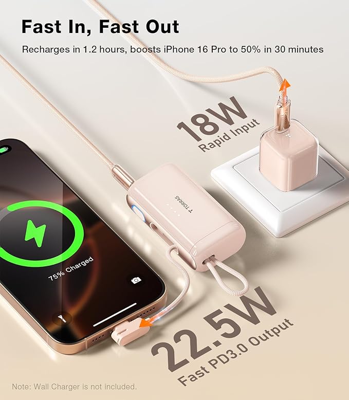 TORRAS 2-in-1 iPhone 16 Portable Charger, 000mAh 22.5W Mini Power Bank - Image 2