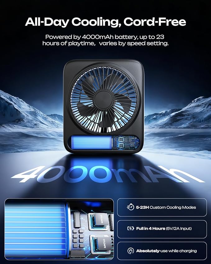 Otlonpe Personal Portable Desk Fan, 4000mAh Small Rechargeable Portable Fan - Image 3