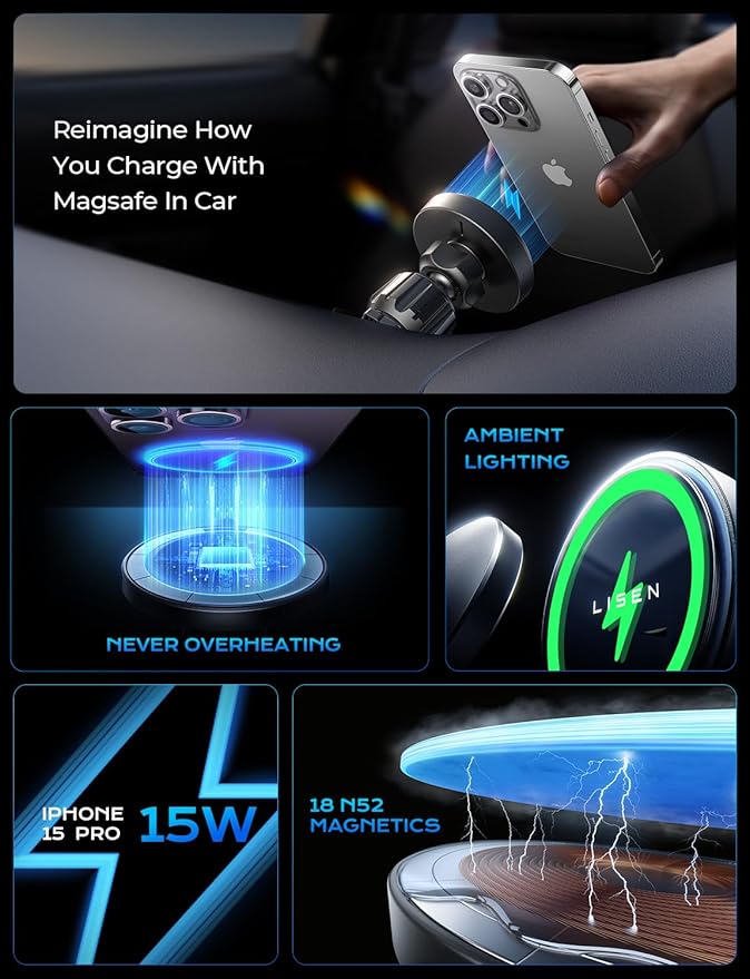 LISEN for 15W MagSafe Car Mount Charger, Wireless Car Charger, Magnetic Phone - Image 4