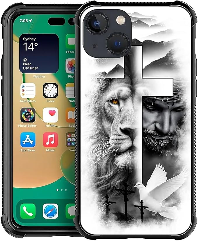 for iPhone 14 Case, Lion Cross Jesus Christ Dove Pattern Graphic Design Girl by FKBRCL4U