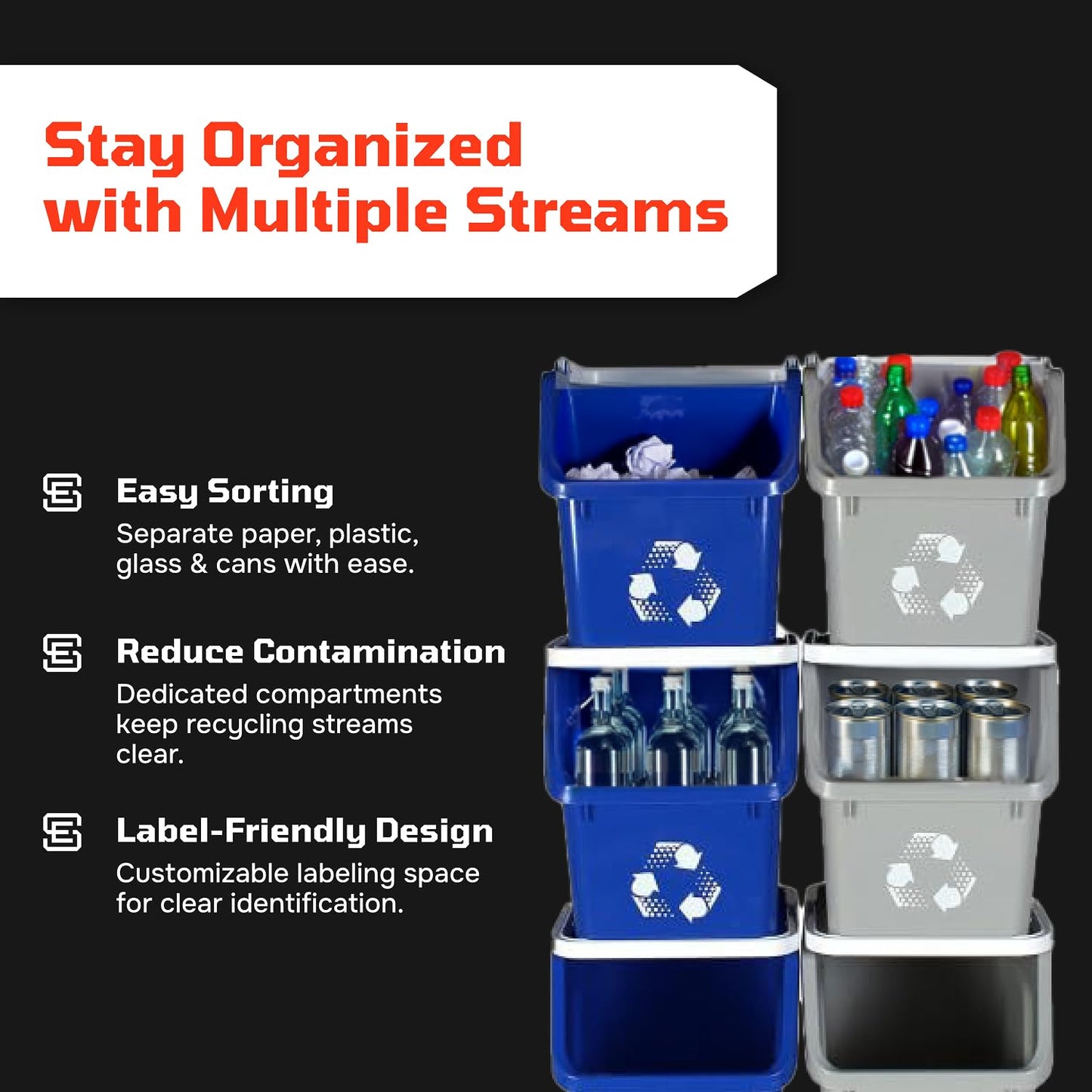 Multi Bin Recycling System with Three Stackable 6 Gallon Recycle Bins to Build Your Recycling Center for Offices, Kitchen, Garages, Businesses - (3 Pack, Blue/Yellow/Green)