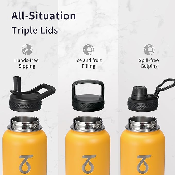 Trebo 40oz Water Bottle with 3 Lid and handle, Vacuum Insulated Stainless Steel - Image 3
