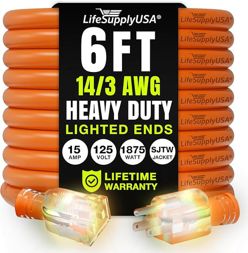 6ft Outdoor/Indoor Extension Cord 14/3 Gauge Heavy Duty 3 Prong SJTW, Waterproof by LifeSupplyUSA