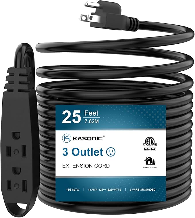 K KASONIC - 25-Feet 3 Outlet Extension Cord, UL Listed, 16/3 SJTW 3-Wire by KASONIC
