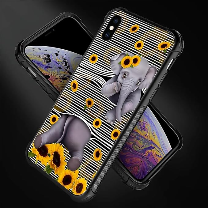 for iPhone X/Xs Case, Cute Little Elephant Sunflower White Line Art Pattern - Image 3