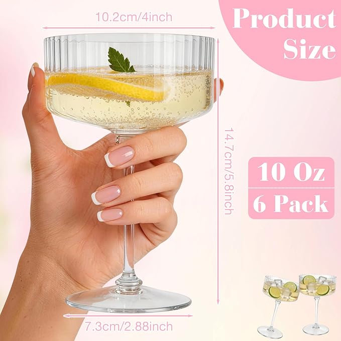 PLULON 6 Pcs Clear Martini Glasses Set 10 Oz Plastic Ribbed Coupe Glass - Image 3