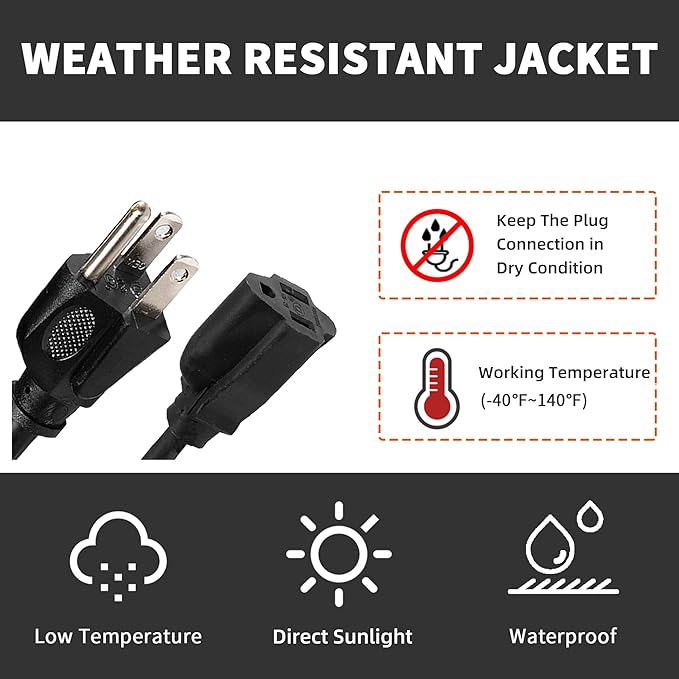 15FT Outdoor Extension Cord-16/3 SJTW Durable Black Extension Cable - Image 6